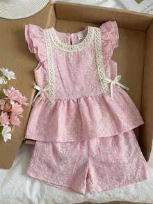 2pcs/Set Young Girl' Sweet Faux Embroidered Ruffle Sleeve Top And Shorts Princess Outfit, Spring/Summer - Pink - View 1