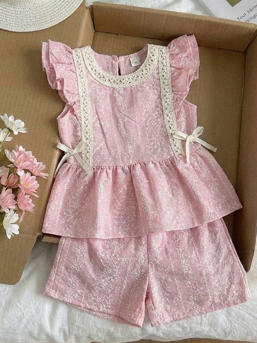 2pcs/Set Young Girl' Sweet Faux Embroidered Ruffle Sleeve Top And Shorts Princess Outfit, Spring/Summer - Pink - View 1