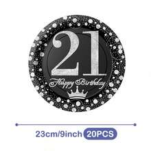 Bộ đồ dùng tiệc sinh nhật lần thứ 21 nền đen lấp lánh, gồm đĩa, khăn ăn và cốc, phục vụ 20 khách. Bộ đồ dùng tiệc dùng một lần này (bao gồm đĩa, khăn ăn và cốc) rất phù hợp cho các bữa tiệc sinh nhật, đám cưới và dã ngoại gia đình. - Xem 10