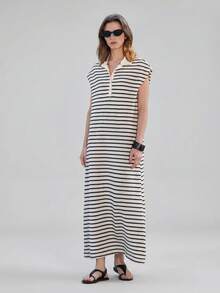Ontre Women's Striped Sleeveless Knit Polo Neck Dress, Elegant Sleeveless Top, 2026 New Casual Airport Outfit, Summer Clothing, Business Casual Style, All-Match Versatile White Dress, High-Quality Airport & Cruise Wear, Suitable For All Seasons, Wedding & Holiday Striped Maxi Dress Striped Midi Dress Short Sleeve Maxi Dress Midi Length Dress Black And White Striped Dress Vacation Clothes - Multicolor - View 1