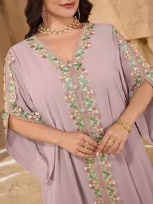 Al Najma Plus Size Solid Color Lace Trim Women Turkish Long Tunic, Arabic Traditional Long Dress - Dusty Pink - View 7