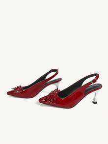 CUCCOO CHICEST Sapatos Femininos: Mini Laço Decorativo Bico Fino Salto Agulha Metalizado Prata, Sapatos Slingback de Couro Sintético Vermelhos Altos Elegantes e Únicos com Estilo Punk para Moda de Rua, Transporte, Festa de Natal e Ano Novo, Clima de Outono e Inverno - Vermelho - Visão 4
