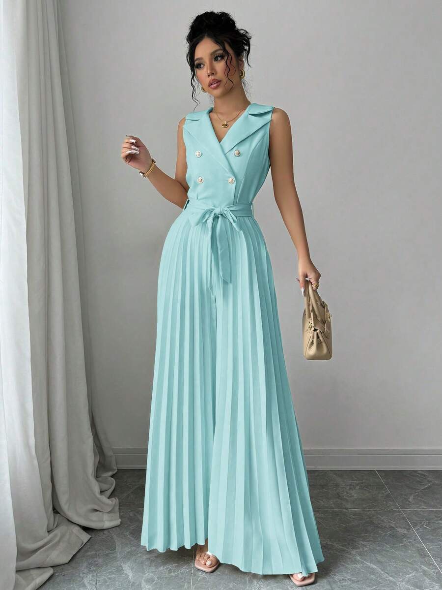 Selianne Women's Elegant Apricot Double-Breasted Design Pleated Jumpsuit, Suitable For Spring And Autumn - Blue - View 1
