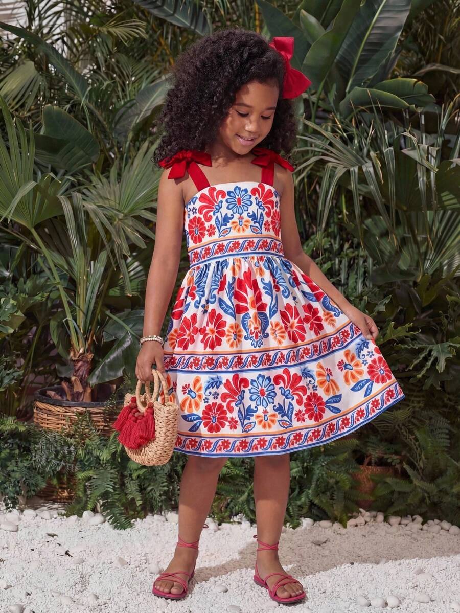 SHEIN Young Girl Woven Print, Bowknot Floral Pleated Camisole Dress - Red - View 1