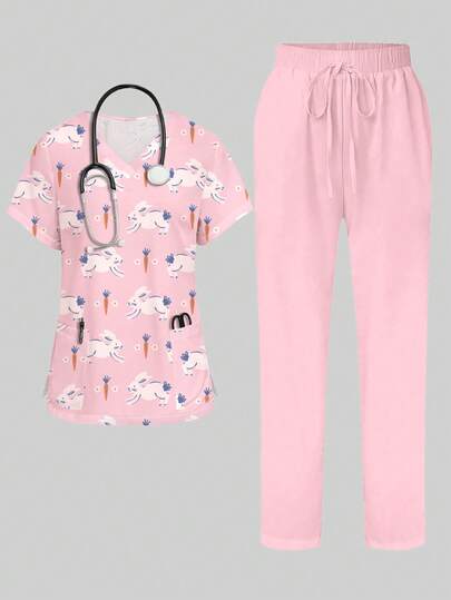 PopScrub 兔子和胡萝卜卡通印花V领短袖口袋连衣裙，带耳朵装饰和侧开衩，两件套，适合春夏护士服、休闲装、制服、复活节、兔子爱好者