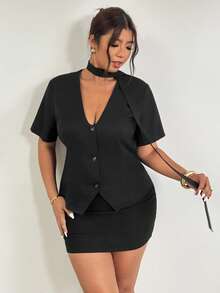 Firerie Plus Size Summer Simple Front Button Short Sleeve Suit Jacket Business Casual Women Plus Size Business Casual Women With Beautiful Curves Fall/Winter - Black - View 8