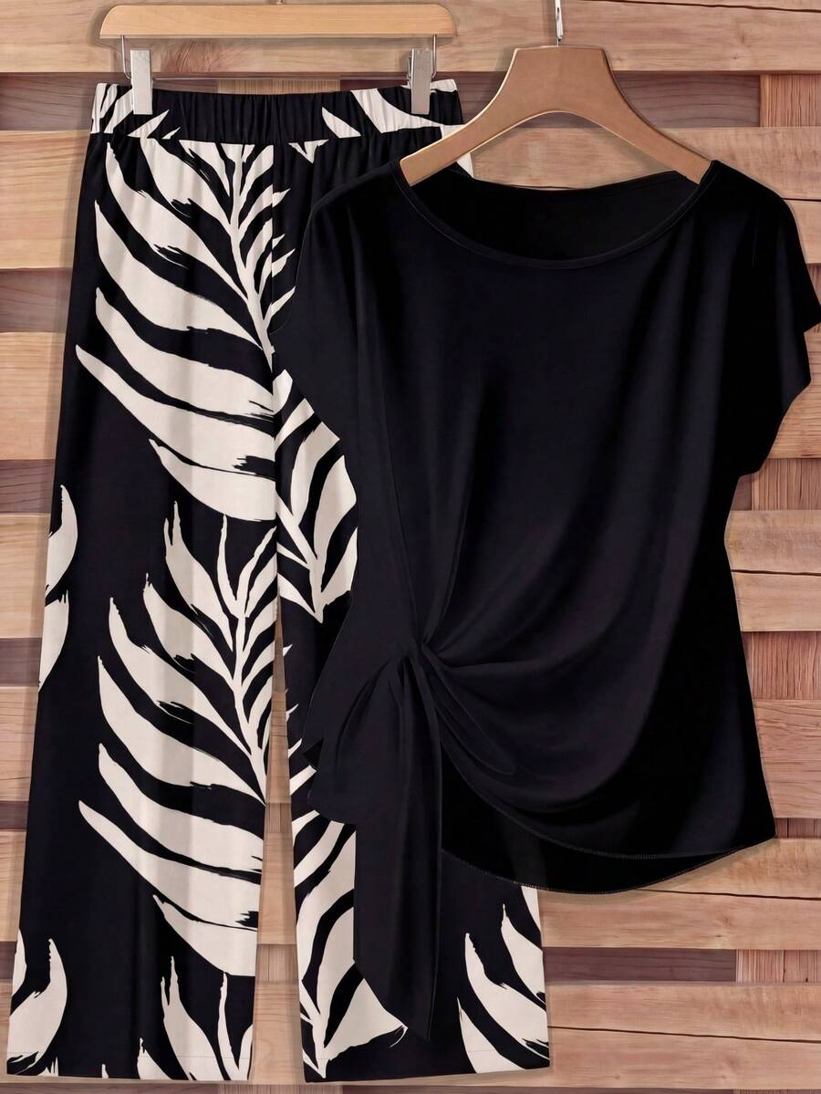 Rusticease 女士树叶印花系带蝴蝶结衬衫和直筒宽松裤两件套 春季黑白衬衫，休闲 - 彩色 - 查看 1