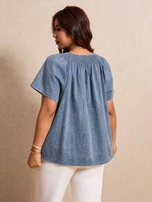 Elaquor Plus Size Dark Blue Summer Boho Vacation Washed Drawstring Blouse, Casual Business Office Work Travel Blouse For Women, Modern Top For Woman - Blue - View 2