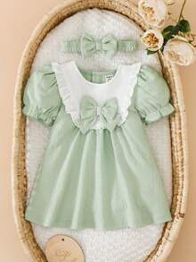 SHEIN 2-teiliges Set Baby Mädchen Vintage Botanik Verzauberte Romantik 3D Schleife dekorierter Rüschenkragen Puff Kurzarm Weich Quetschbar Leicht Grünes Kleid Festkleid Sommerkleid Outfit für Ostern Hochzeit Geburtstag Party Urlaub Frühling Sommer - Minzgrün - Übersicht 1
