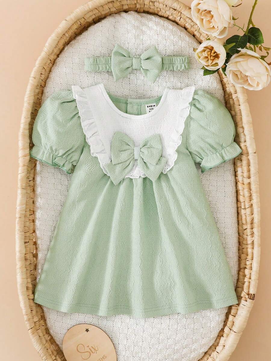 SHEIN 2-teiliges Set Baby Mädchen Vintage Botanik Verzauberte Romantik 3D Schleife dekorierter Rüschenkragen Puff Kurzarm Weich Quetschbar Leicht Grünes Kleid Festkleid Sommerkleid Outfit für Ostern Hochzeit Geburtstag Party Urlaub Frühling Sommer - Minzgrün - Übersicht 1