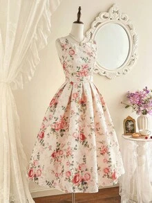 Vintamour 复古优雅女士连衣裙，提花面料，适合假日派对、庆典、夏季等场合，包括春季连衣裙、复活节连衣裙、节日服装、优雅派对连衣裙、派对礼服、婚礼宾客连衣裙、毕业礼服、乡村风碎花连衣裙等。 - 杏色 - 查看 4