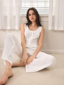 Ocili Cotton Jacquard Camisole With Open Front, Comfortable Boucle Jacquard Soft Minimalist Loungewear, Y2K Style Women Sleepwear Top - White - View 7