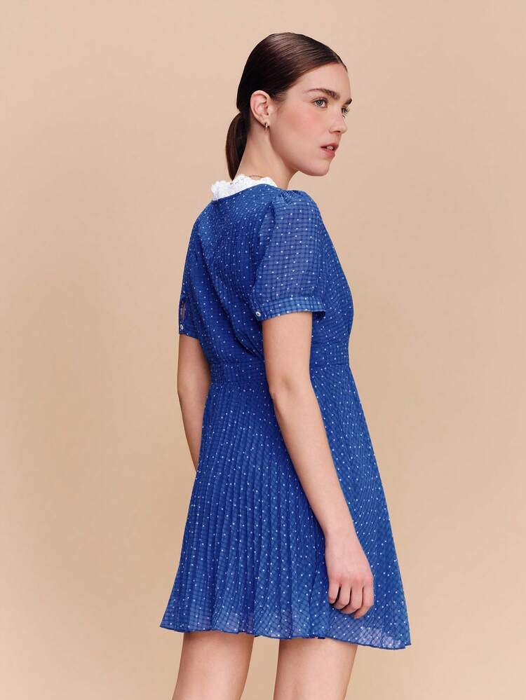 Vestido Curto de Chiffon Plissado com Estampa de Bolinhas Azuis e Xadrez, Manga Curta, Primavera Verão