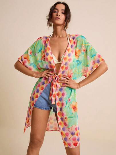 LOTSLUV 女士绿色和玫瑰红花卉复古图案V领短袖宽松印花迷你连衣裙，春夏款