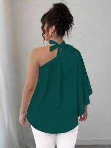 SHEIN Elenzya Plus Size Asymmetrical Shoulder Tie-Neck Printed Blouse - Dark Green - View 2