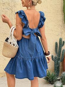 SHEIN 孕妇休闲牛仔连衣裙，荷叶边下摆，适合度假 - 藍色 - 查看 2