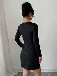 Cloudara Contrast Panel PU Leather Dress - Black - View 2