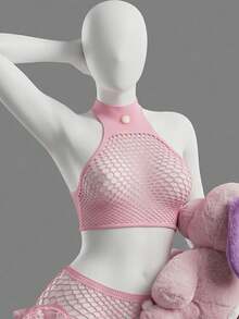 PetitDoll 2件套圣诞女士性感网纱毛球内衣套装 - 粉色 - 查看 3