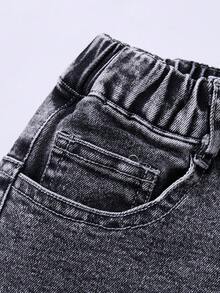 SHEIN ChillGRL 女童破洞喇叭牛仔裤，Y2K复古街头风，深灰色牛仔布，毛边裤脚，破洞设计，松紧腰带，弹力棉质牛仔面料，喇叭裤腿，日常百搭，可搭配复古印花T恤，适合休闲外出、上学、聚会等场合。 - 灰色 - 查看 7