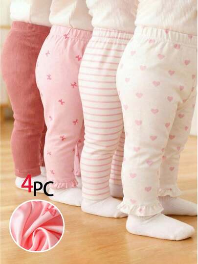 SHEIN 4pcs Newborn Baby Girls' Spring/Autumn Pants Set, Featuring Butterfly Bow Print, Solid Pale Pink, Striped Print, And Heart Print, With Ruffle Hem, Sweet & Cute Style, Suitable For Daily Wear Or Outings Baby Girl Clothes Baby Girl Multi Pack Baby Girl Pants Sets Baby Girl Multi Pack Pants Baby Girl Heart Print Pants Baby Girl Pants 4 Pack Baby Girl Striped Pants Baby Stuff Girls Babygirl Pants Newborn Baby Girl Pants