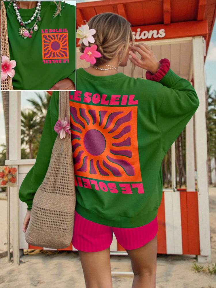 Plus Size Casual Holiday Sun & Letter Print Sweatshirt - Dark Green - View 4