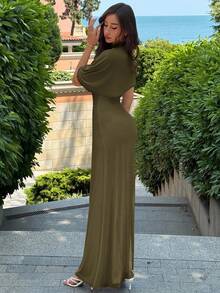 Aloruh Elegant Minimalist Commuting Fashion Elastic Waist Design Multilayer Ruffle Decor Waist Ruffle Slimming Long Dress, Suitable For Formal Occasions, Dates, Vacations - Army Green - View 6