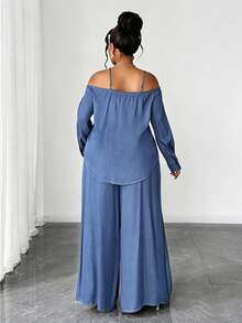 Maweii Plus Size Casual Commuter Off-Shoulder Camisole Top And Wide Leg Pants 2 Pieces Set Fall - Baby Blue - View 5