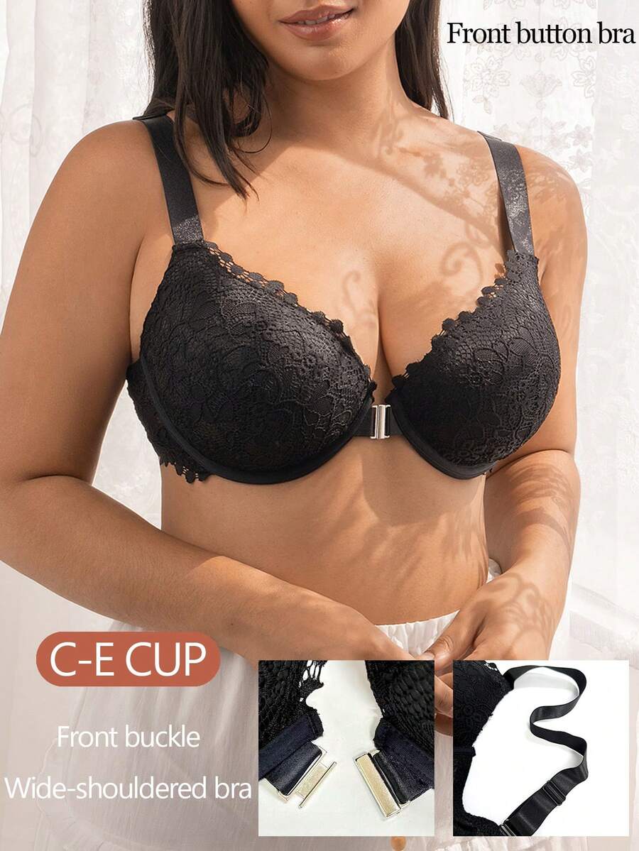 DesireSculpt 女士时尚蕾丝常规宽肩带前扣式加大码文胸,1件装 - 黑色 - 查看 1