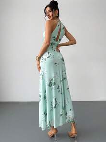 Firerie 女士优雅浪漫约会之夜派对生日聚会假日度假婚礼宾客圣帕特里克节V领露背印花修身A字长裙，绿色 - 綠色 - 查看 3