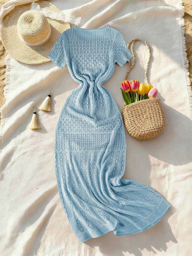 SHEIN Holidaya Vestido de suéter de mujer de punto beige, estilo europeo y americano de primavera/verano de 2026, con cintura ajustada, casual, de vacaciones, diario, al aire libre, romántico, para fiestas en la playa y reuniones, con diseño hueco y cómodo, adecuado para el Día de San Valentín - Azul - Añade 2