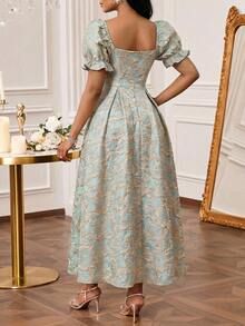 SHEIN Lady Women's Elegant Jacquard Petal Sleeve Ruched Waist Flared Hem Party Dress, Summer - Multicolor - View 2