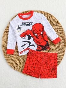 SHEIN GraphicGems Bộ đồ bơi cho bé trai, gồm áo chống nắng dài tay in họa tiết và quần bơi, 2 món, thích hợp cho kỳ nghỉ hè, bơi lội, bãi biển, hồ bơi, tiệc tùng. - Đỏ - Xem 4