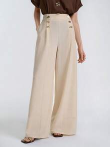 Aalyst 女士休闲优雅亚麻质感金属扣装饰修身九分裤，带口袋，适合夏季郊游、约会、新年、情人节、复活节、母亲节、音乐节、中东婚礼、通勤、浪漫假期等场合，杏色 - 杏色 - 查看 8