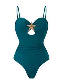 Swim Oasis Đồ bơi liền thân không dây vai dành cho nữ, có dây đeo rời, họa tiết năm sao, hình vịt nước với hoa cắt tỉa, váy dài, màu xanh dương, thích hợp cho kỳ nghỉ biển. - Màu xanh ngọc - Xem 3