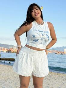 GalTyme Plus Size White Solid Lace Patchwork Hollow Out Embroidery Casual Shorts,Summer Boho Beach Holiday Elegant Vacation Fairycore Y2k Chic - White - View 5