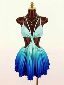 Amplova Women's Pleated Ombre Mini Skirt, A-Line Silhouette, Sexy Open Back, Waist Cutout, Cute Details, Suitable For Vacation Outfit - Multicolor - View 7