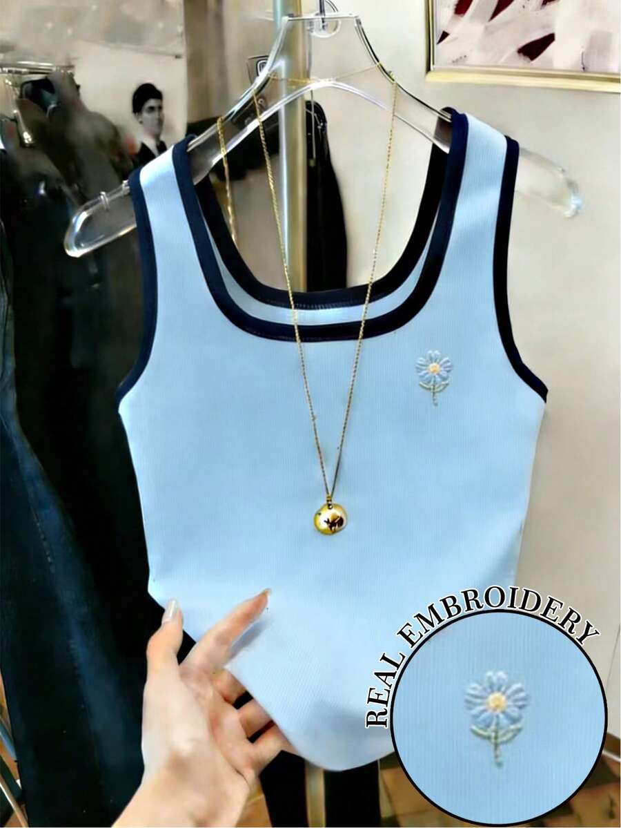 Resyla Mejor vendido Camiseta de tirantes ajustada con cuello de escote y ribete de contraste para mujeres - Celeste - Ver 1