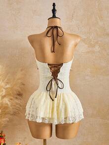 Bellisia Women's White Summer Boho Sexy Holiday Pool Golf Party Solid Color Pleated Pendant Decor Halter Dress,Elegant Vintage Casual Beach Vacation Outfits - Beige - View 2