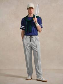 Courvante 男士抽绳腰带拼接侧缝运动裤灰色慢跑裤男士长裤男士健身裤男士阔腿侧条纹灰色运动裤网球学院风，父亲节礼物 - 灰色 - 查看 9