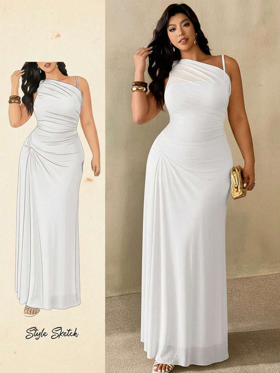 Auralis 大码女式优雅简约时尚基础款连衣裙，适合办公室、通勤、音乐节、海滩度假等场合，浅黄色薄纱无袖不规则领口褶皱修身连衣裙 - 白色 - 查看 1