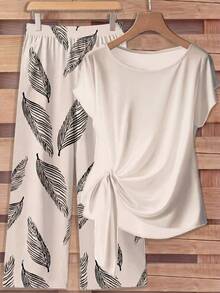 Rusticease 女士系带蝴蝶结衬衫和直筒裤两件套，休闲款 - 彩色 - 查看 1