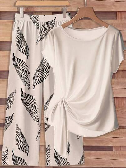 Rusticease Bộ đồ nữ gồm áo sơ mi thắt nơ và quần ống đứng, kiểu dáng thường ngày.