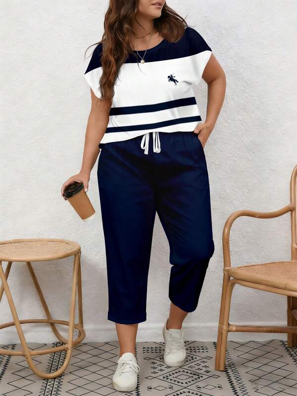 EMERY ROSE Conjunto de 2 piezas de top de manga corta de cuello redondo y pantalones de ajuste holgado con estampado de rayas azul y blanco, adecuado para el verano