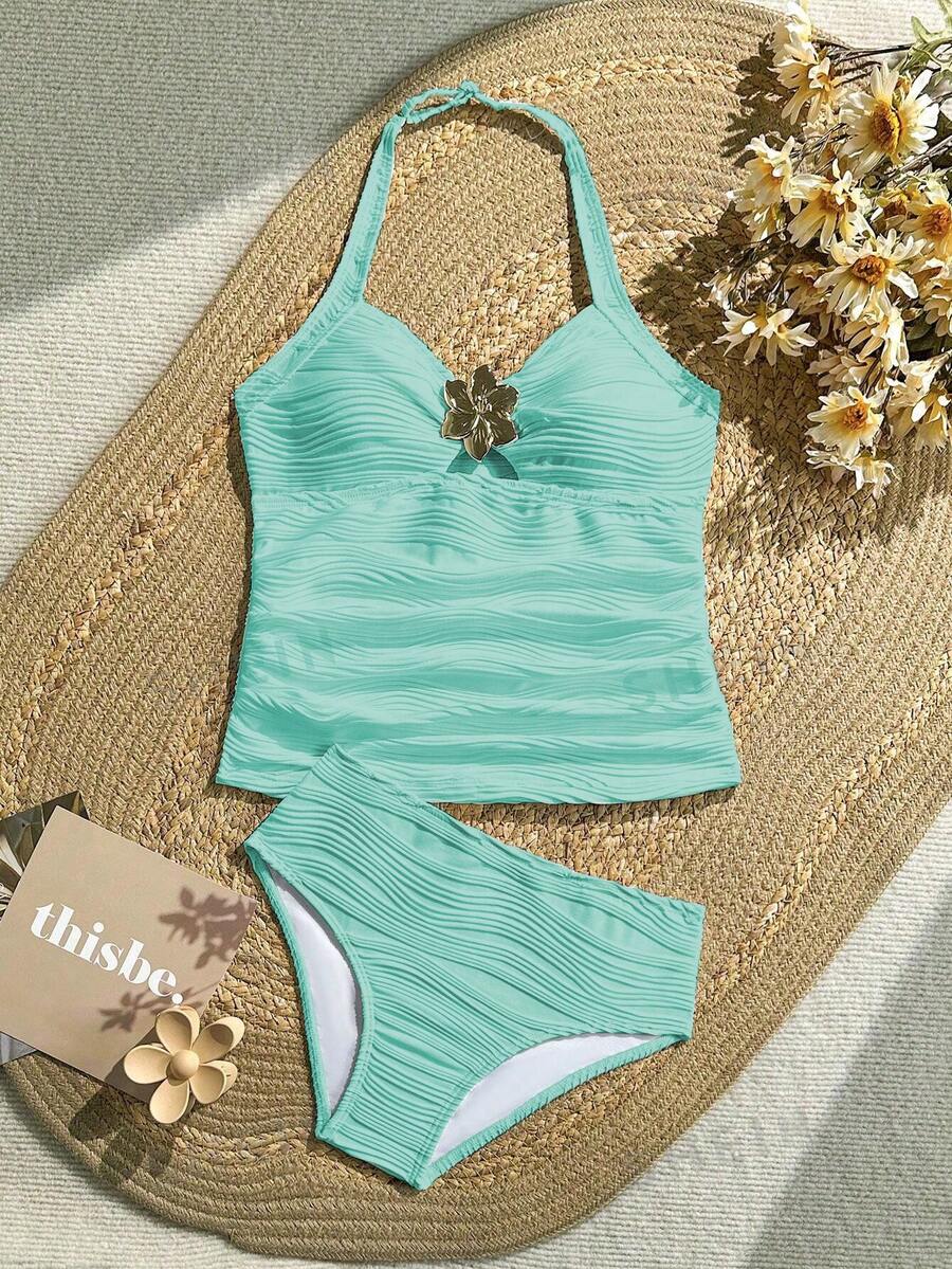 SHEIN Mint Green Summer Cute Vacation Holiday Tween Girl Two Pieces Swimwear,Halter Neck Flower Decor Textured High Waist Tankini Tummy Control Bathing Suit - Mint Green - View 1