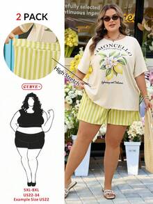 SHEIN CURVE+ Bộ đồ thể thao mùa hè dành cho nữ, size US22, họa tiết chữ cái và chanh, cổ tròn, tay ngắn và quần short kẻ sọc, thích hợp cho lễ hội âm nhạc hoặc kỳ nghỉ bên bờ biển. - Màu vàng - Xem 2