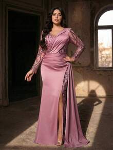 Aureia Plus Size Elegant Dusty Pink Sequin Satin Gown,Spring Formal Evening Prom Dress With Sheer Long Sleeve,V-Neck Ruched Fishtail Hem Wedding Party Gown - Dusty Pink - View 7