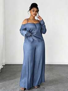 Maweii Plus Size Casual Commuter Off-Shoulder Camisole Top And Wide Leg Pants 2 Pieces Set Fall - Baby Blue - View 6