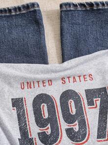 SHEIN 女童休闲复古1997数字及复古英文字母图案露肩短袖T恤，适合夏季返校及日常穿着 - 淺灰色 - 查看 4