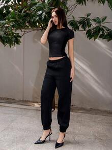 Bris Aura 纯色弹性腰部运动裤，复古款，女式慢跑裤 - 黑色 - 查看 4