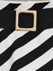 Franclia Đầm chữ A nữ thanh lịch họa tiết sọc, thắt lưng kim loại, chất liệu cao cấp, thời trang thường ngày, đa năng, thích hợp cho mùa hè. - Đen và trắng - Xem 3